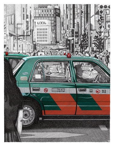 'Green Orange Taxi' ORIGINAL pen and ink, gouache drawing, 2024.